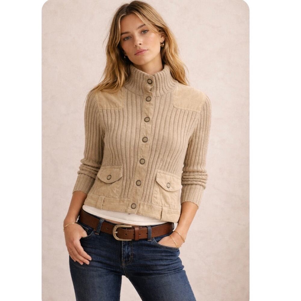 Y2K Dots Ribbed Knit Suede Panel Sweater Jacket  Medium